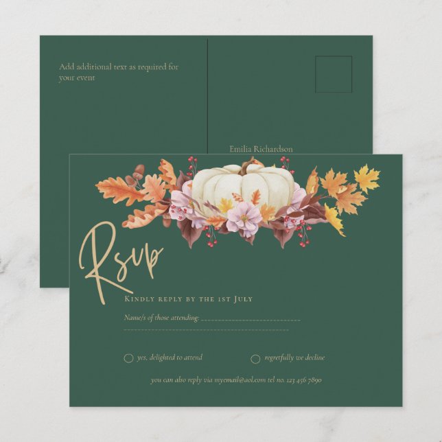 Carte Postale RSVP - Mariage de automne Citrouille vert or (Devant / Derrière)