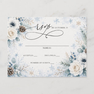 Carte Postale RSVP Mariage Hivernal Floral Bleu Poussiéreux Mode