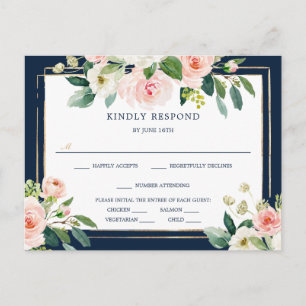 Carte postale RSVP Marine Blue Gold Blush Wedding