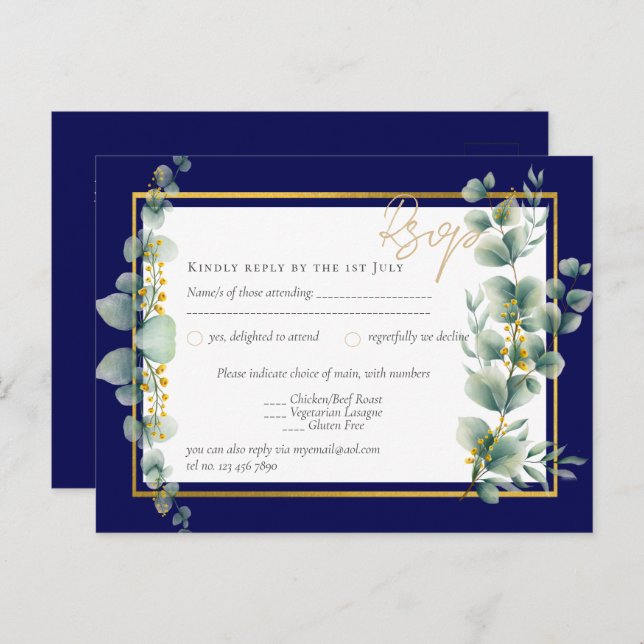Carte Postale RSVP MARINE BLUE OR Vert Eucalyptus Mariage (Devant / Derrière)