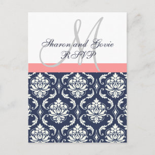 Carte postale RSVP Navy Mariage damassé