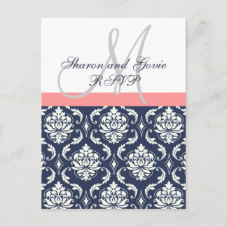 Carte postale RSVP Navy Mariage damassé