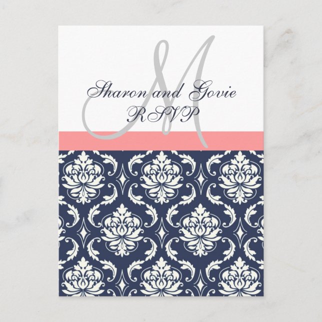 Carte postale RSVP Navy Mariage damassé (Devant)