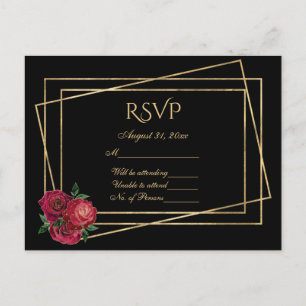Carte Postale RSVP Noir et or avec Roses de reflet rouge profond