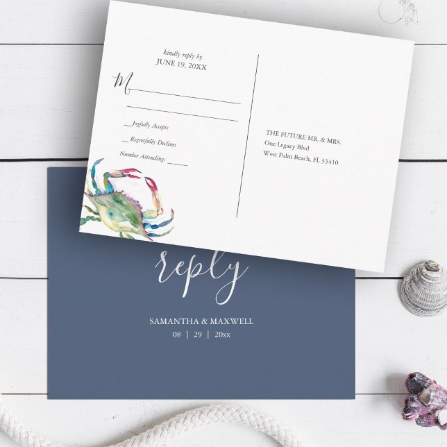 Carte postale RSVP pour le crabe bleu côtier (Beach Wedding Blue Crab Watercolor RSVP Postcard coastal art by Victoria Grigaliunas)