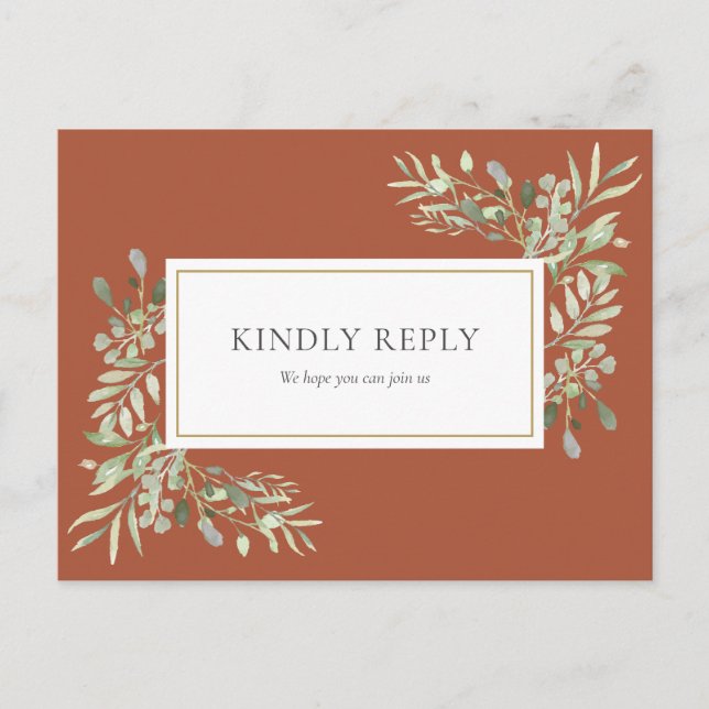 Carte postale RSVP pour mariage vert en terre cuit (Devant)