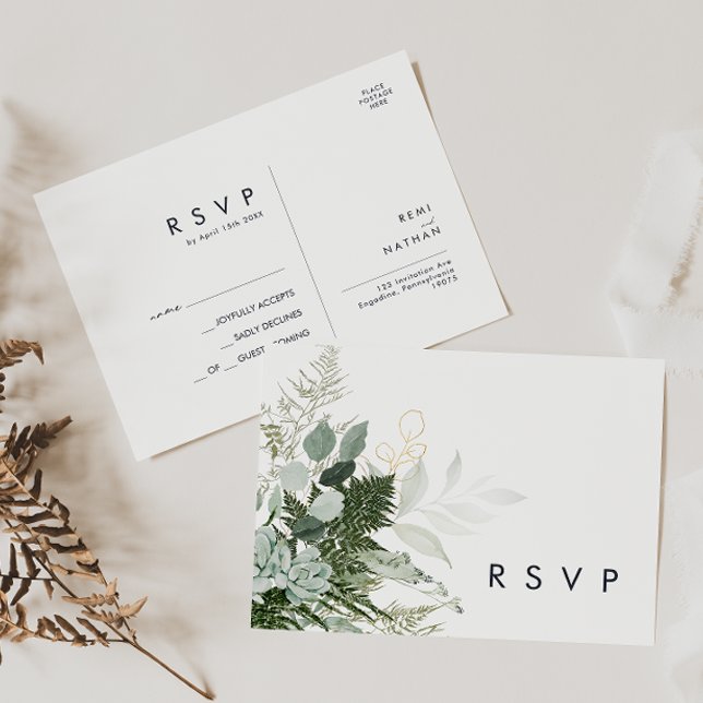 Carte postale RSVP pour mariage vert et feuille d' (Créateur téléchargé)