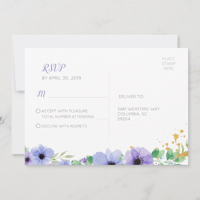 Carte postale RSVP romantique violet (Dos)
