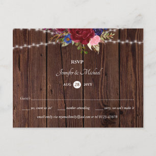 Carte postale RSVP Rustic Burgundy Blue Wedding