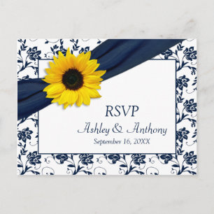 Carte postale RSVP Sunflower Navy Mariage damassé