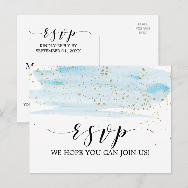 Carte postale RSVP Watercolor Blue & Gold Song (Devant / Derrière)