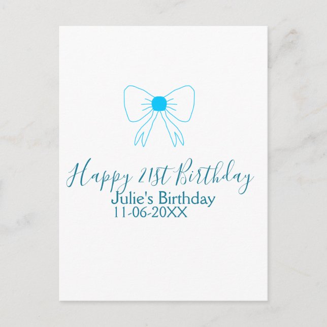 Carte Postale Ruban bleu joyeux 21e anniversaire nom date fille  (Devant)