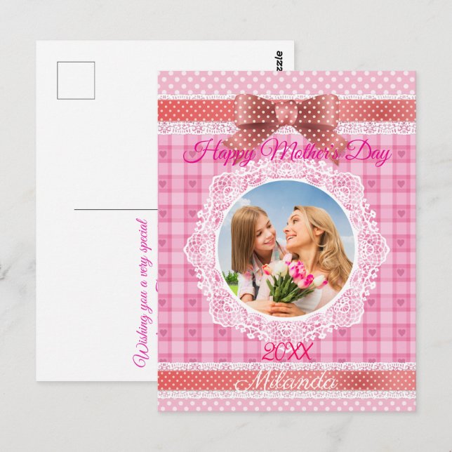Carte Postale Ruban de dentelle Joyeuse fête des Mères (Devant / Derrière)