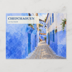 Carte Postale Rue bleue de Chefchaouen aquarelle Maroc