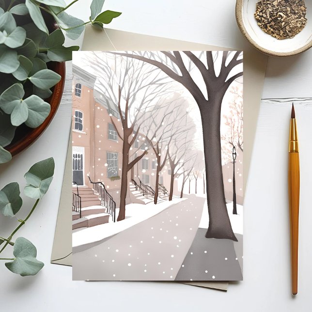 Carte Postale Rue Brownstone | Aquarelle hivernale neige (Créateur téléchargé)