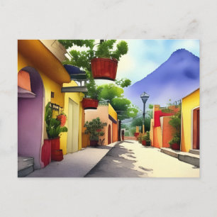 Carte Postale Rue colorée de village mexicain, aquarelle panoram