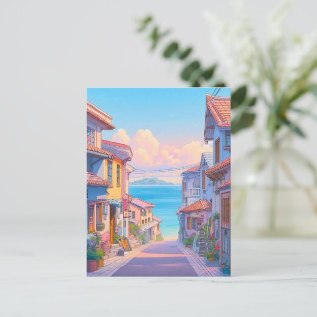 Carte Postale Rue côtière pastel d'Okinawa (Debout devant)