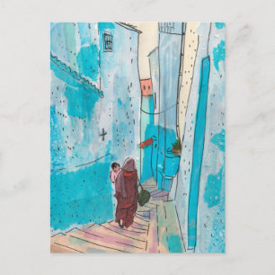 Carte Postale Rue de Chefchaouen Maroc Papier Collage Croquis
