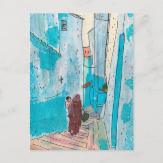 Carte Postale Rue de Chefchaouen Maroc Papier Collage Croquis