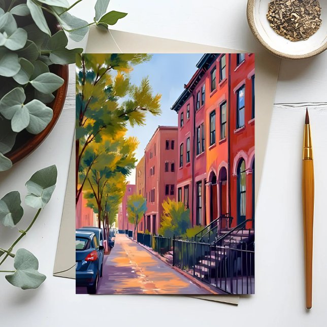 Carte Postale Rue de la ville en grès brun | Aquarelle de brique (Créateur téléchargé)