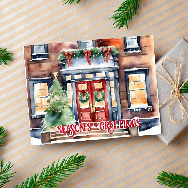 Carte Postale rue d'hiver de Noël Joyeuses Fêtes New York (Seasons greetings Christmas postcard watercolor New York Christmas decorated street building)