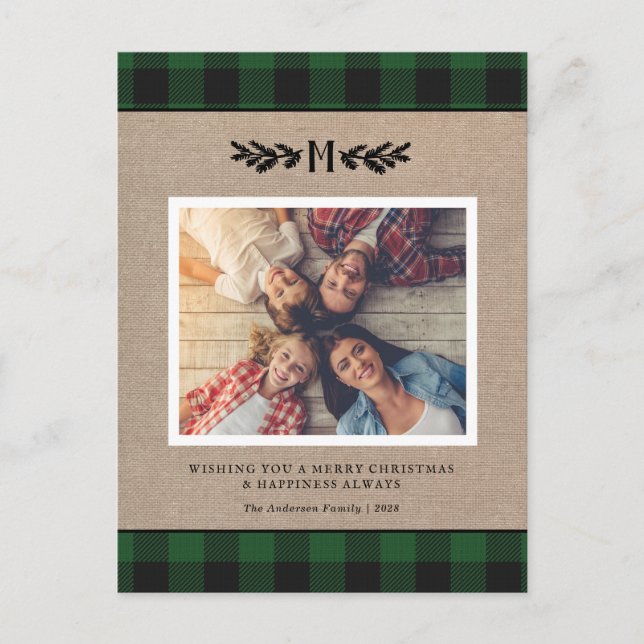 Carte Postale Russe Burlap de Noël Monogramme Photo Holiday (Devant)