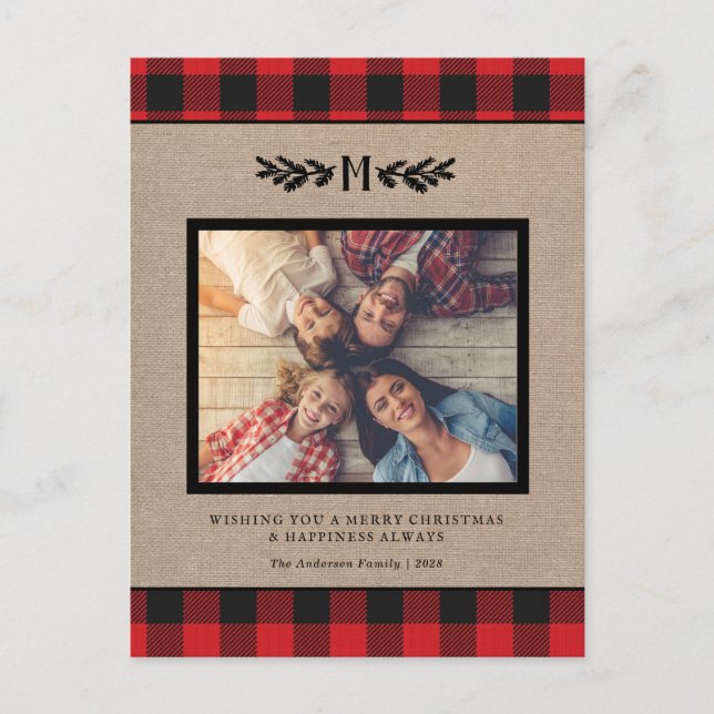 Carte Postale Russe Burlap de Noël Monogramme Photo Holiday Po (Devant)