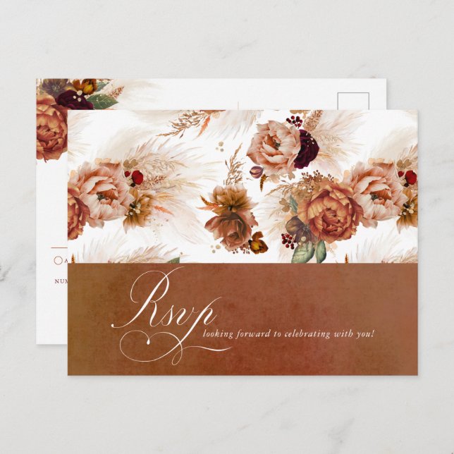 Carte Postale Rust Terracotta Floral Pampas Mariage Grass RSVP (Devant / Derrière)