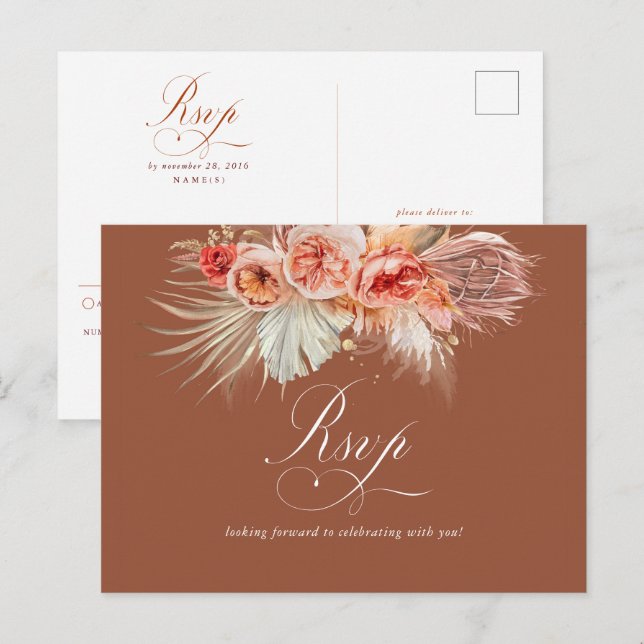 Carte Postale Rust Terracotta Floral Pampas Mariage Grass RSVP P (Devant / Derrière)