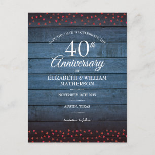 Carte Postale Rustic 40th Anniversary Save the Date Ruby Hearts
