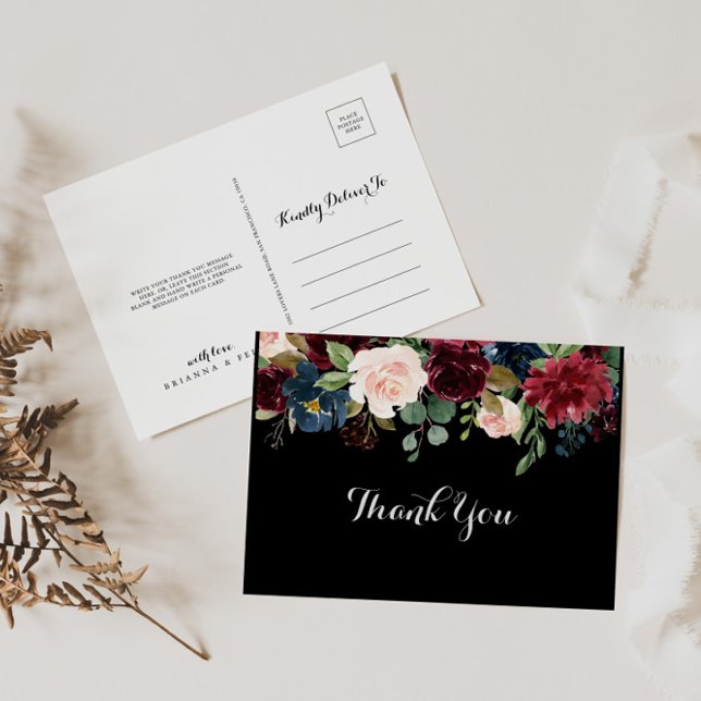 Carte Postale Rustic Black Botanical Wedding Thank You  (Créateur téléchargé)