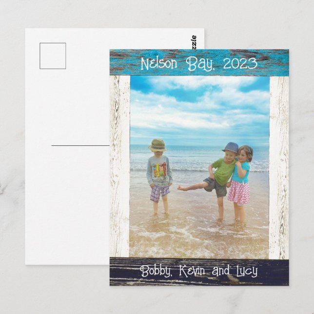 Carte Postale Rustic Blue White Beach Wood Photo Frame (Devant / Derrière)