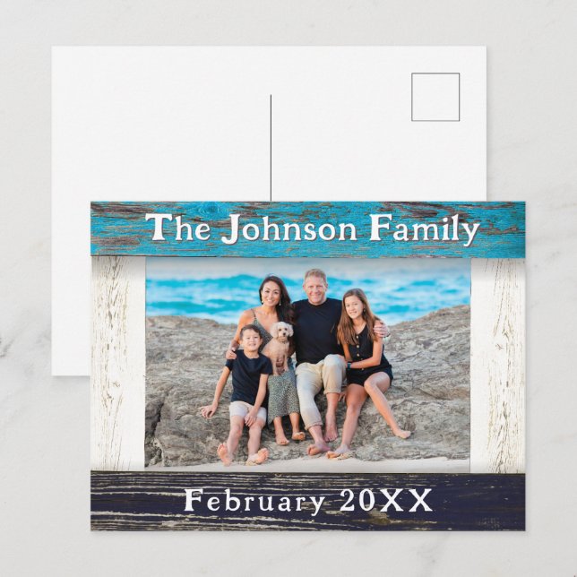 Carte Postale Rustic Blue Wood Frame Family Name Photo (Devant / Derrière)