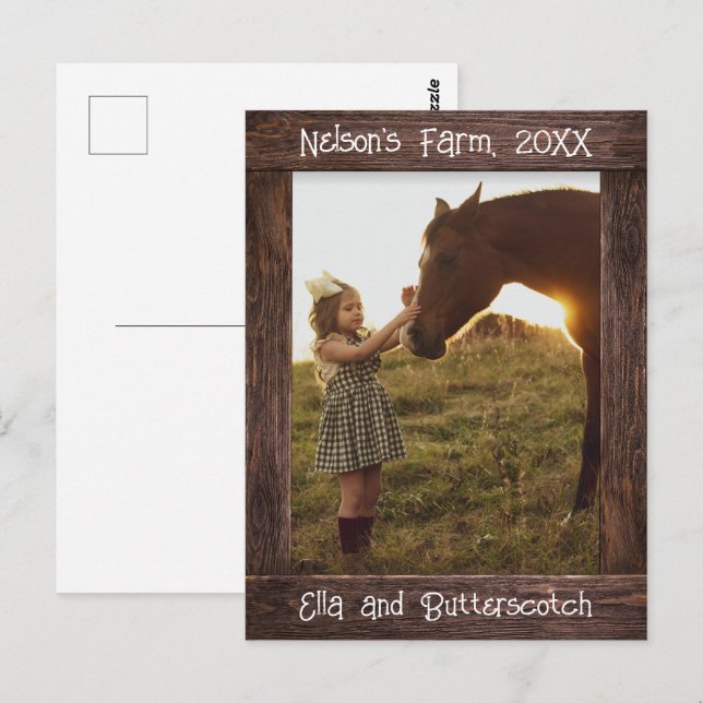 Carte Postale Rustic Brown Wood Text Editable Faux Photo Frame (Devant / Derrière)