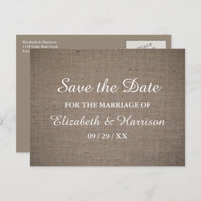 Carte Postale Rustic Burlap Wedding Enregistrer La Date (Devant / Derrière)