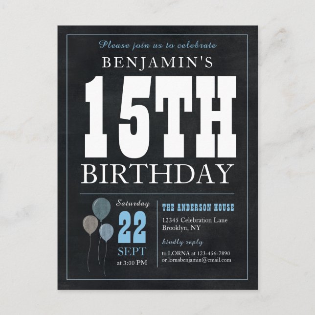 Carte Postale Rustic Chic Chalkboard Blue Balloon 15e anniversai (Devant)