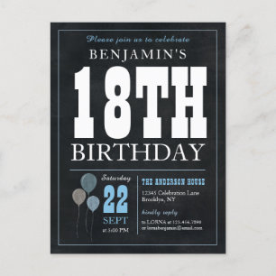 Carte Postale Rustic Chic Chalkboard Blue Balloon 18e anniversai