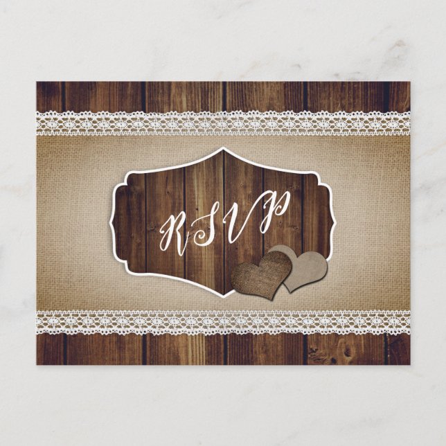 Carte Postale Rustic Country Bois Burlap Dentelle mariage RSVP (Devant)