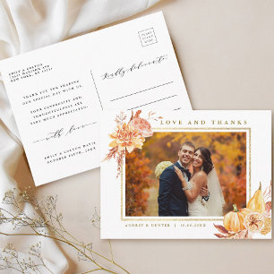 Carte Postale Rustic Fall Gold Floral Mariage Photo Merci