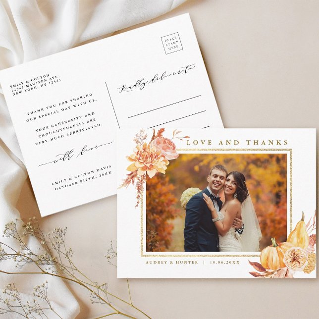Carte Postale Rustic Fall Gold Floral Mariage Photo Merci (Front & Back)