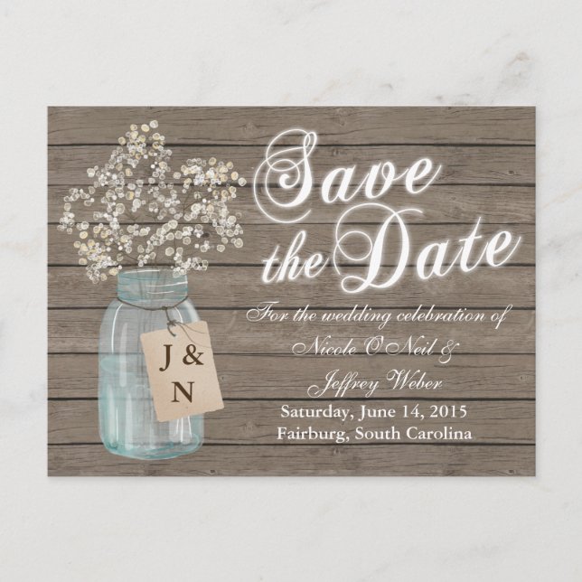 Carte Postale Rustic Grange Mariage Wood Mason Jar Babys Respire (Devant)