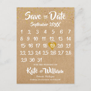 Carte Postale Rustic Kraft Gold Heart Calendrier Enregistrer la 