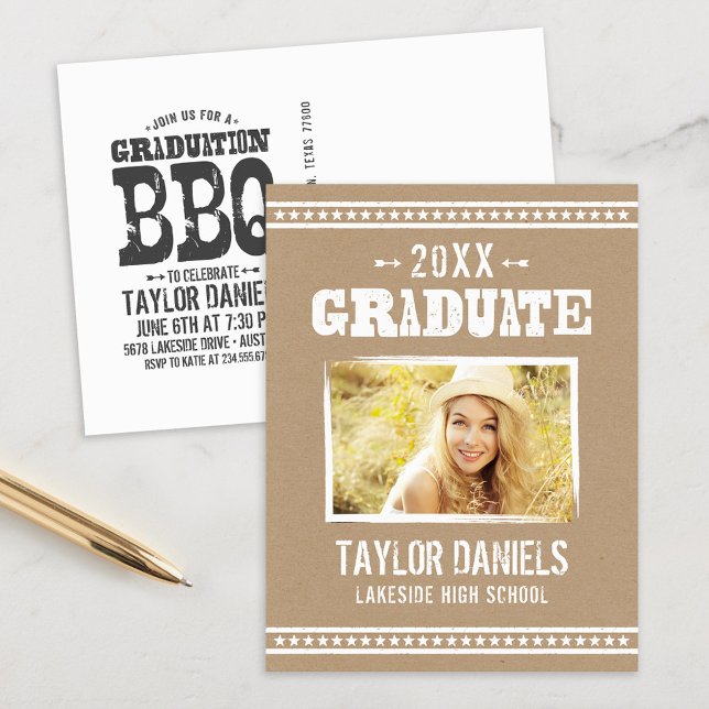 Carte Postale Rustic Kraft Graduation Photo BBQ Invitation (Créateur téléchargé)