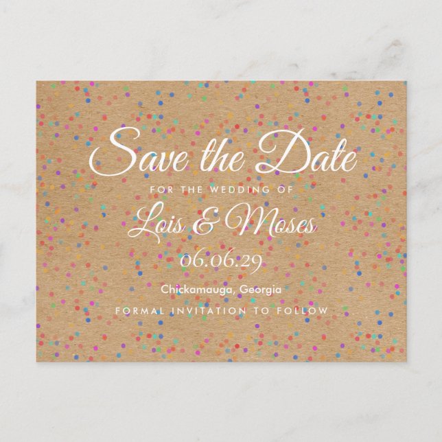 Carte Postale Rustic Kraft Rainbow Confetti Enregistrer la date (Devant)