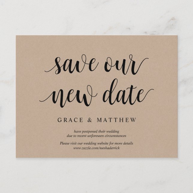 Carte Postale Rustic Kraft, Sauvez notre nouvelle date, mariage  (Devant)