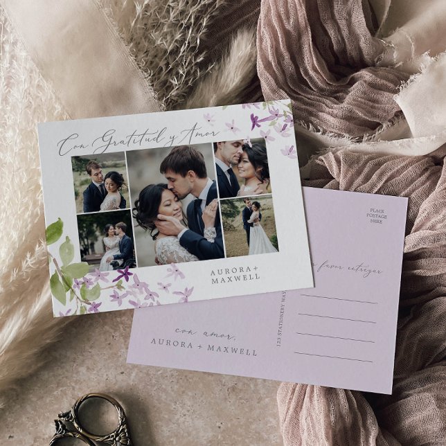 Carte Postale Rustic Lilac Multi Photo Mariage Gratitud y Amor (Créateur téléchargé)