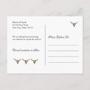 Carte Postale Rustic Mariage Western Bull Skull Enregistrer La D