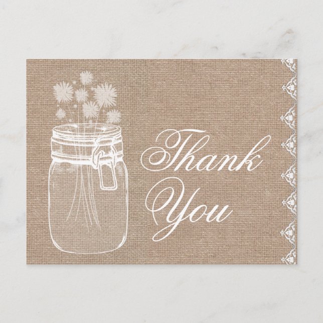 Carte Postale Rustic Mason Jar et Fleurs Merci Burlap A02 (Devant)