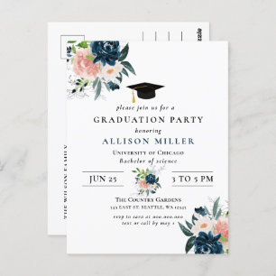 Carte Postale Rustic Navy Blush Floral Botanical Graduation