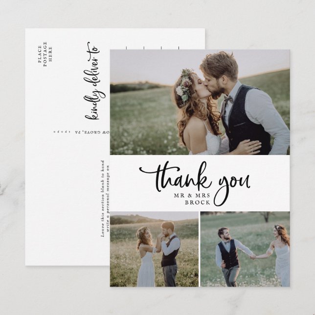 Carte Postale Rustic Script 3 Photo Collage Wedding Thank You (Devant / Derrière)